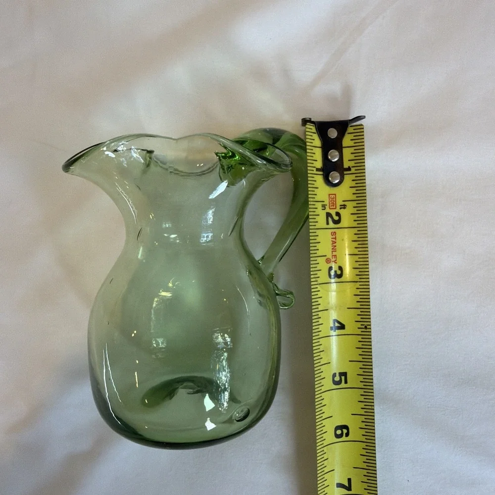 Green Glass Pitcher Ruffled Rim Applied Handle Vintage